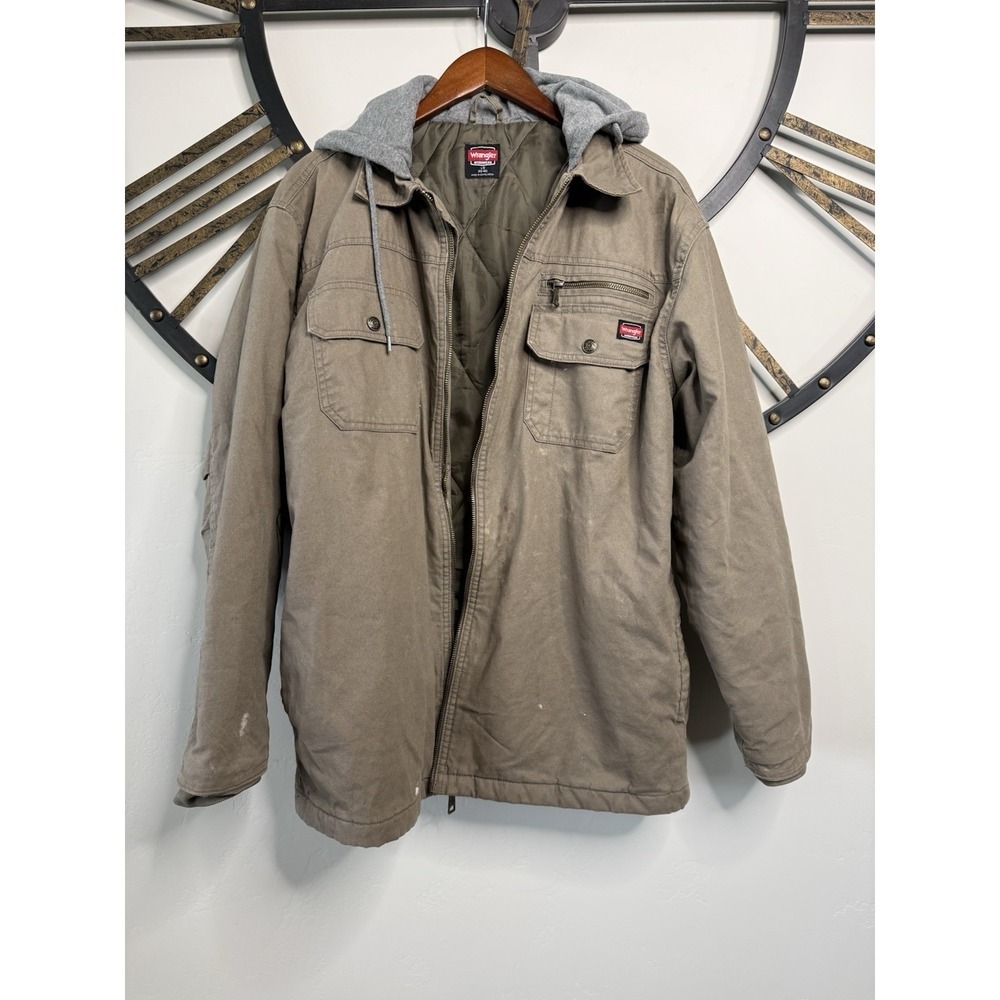 Wrangler Hooded Work Jacket Brown Zip Button Pockets Mid-Length Men L 42-44